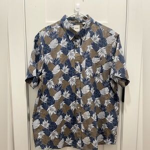 ROWM Mens Button Down Shirt Blue Leaf Design Collared Short Sleeves